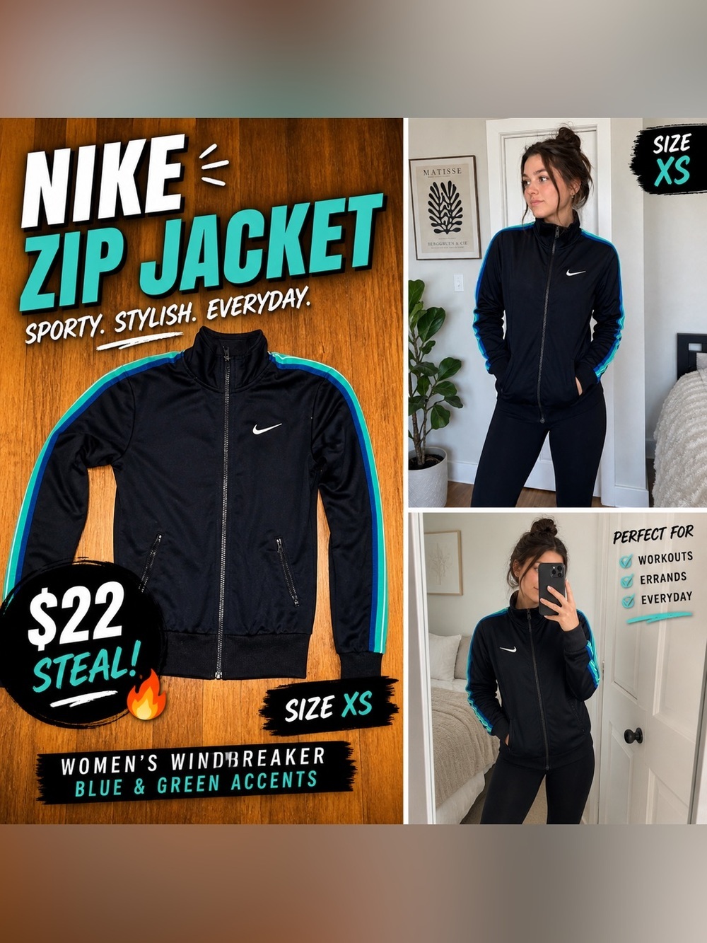 Nike Black Zip Track Jacket Blue Green Stripe Women’s XS Athletic Athleisure